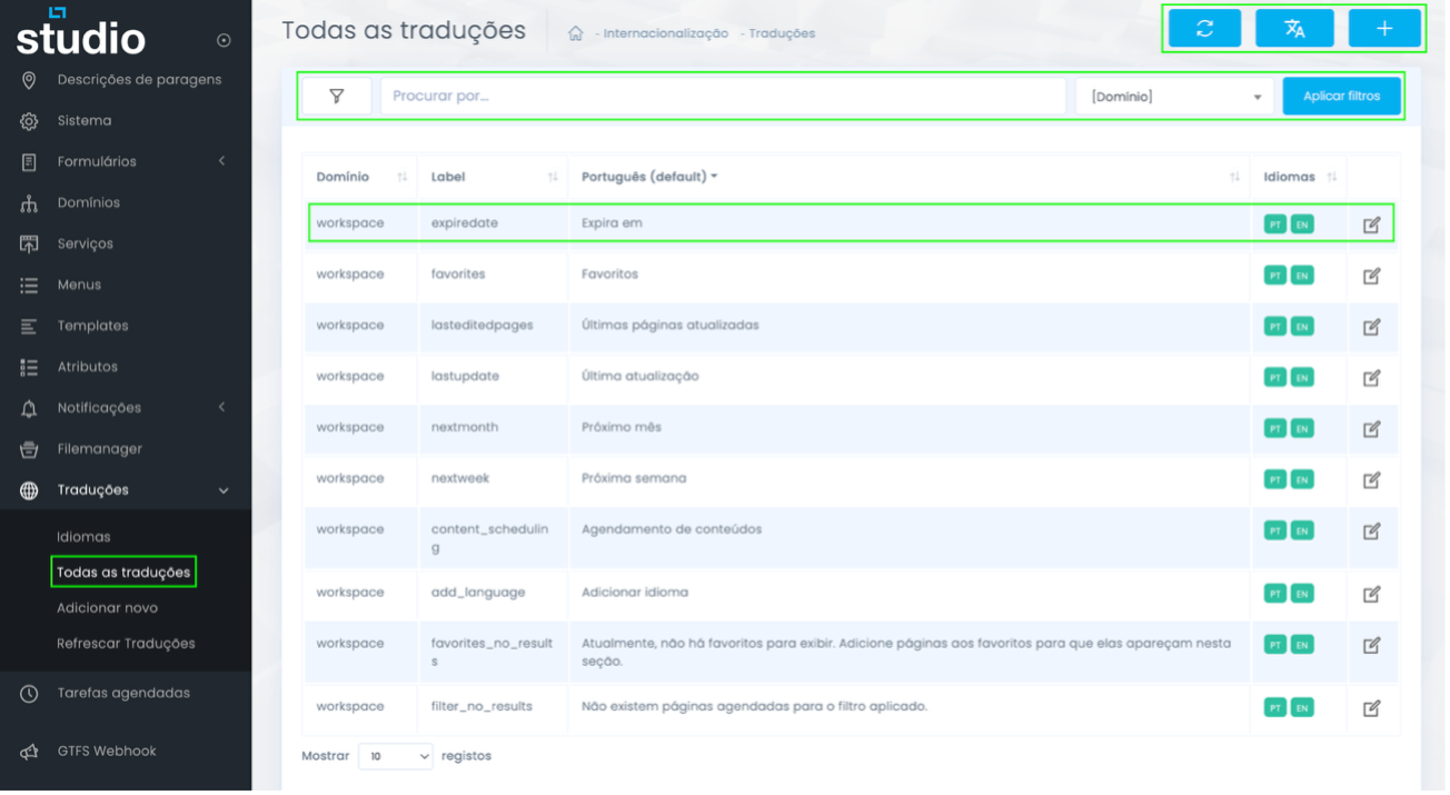 Listagem de todas as traduções no Studio CMS com filtros e ação de edição